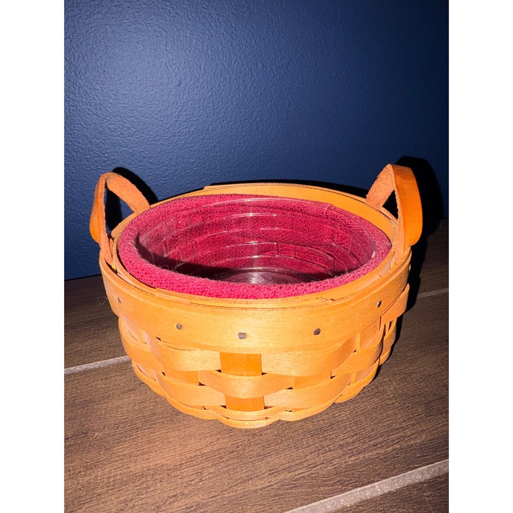 Longaberger 2002 Round Handwoven Basket with Plastic Protector Red Liner Leather